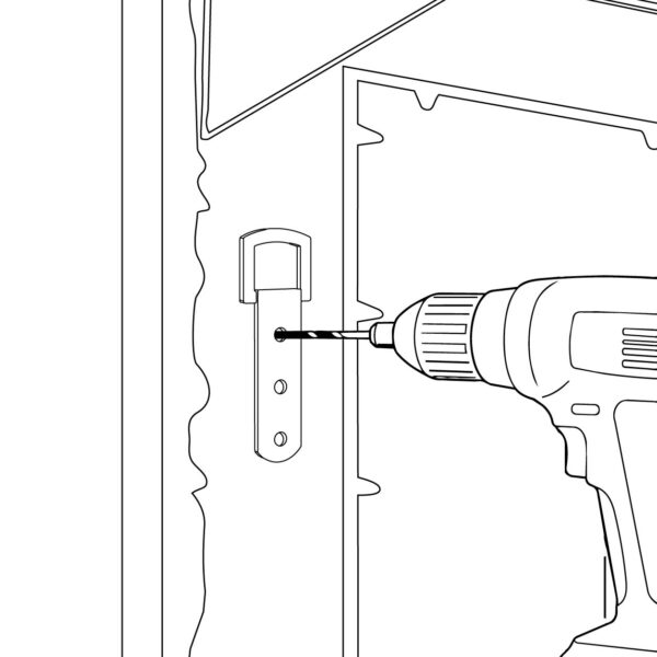 Electric drill making a pilot hole through the frame plate bracket into the back of the wooden mirror frame — preventing the wood from splitting when the fixing screws are driven in