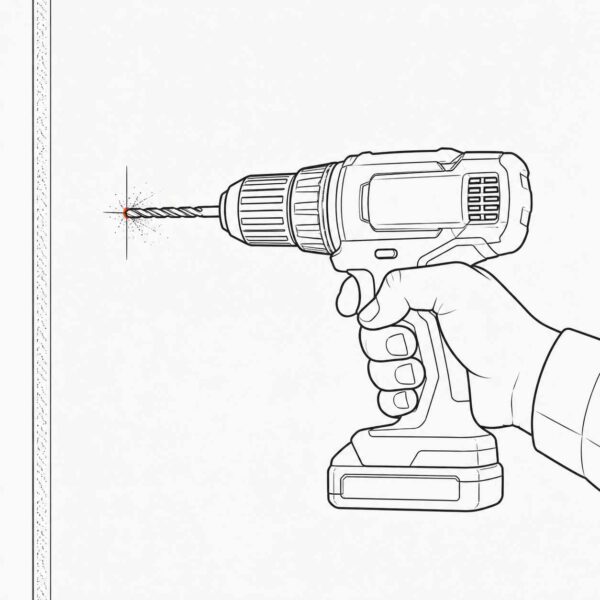 Electric drill making a fixing hole in a plasterboard wall at the marked position — the first of the two holes needed for the hollow wall anchors or stud screws