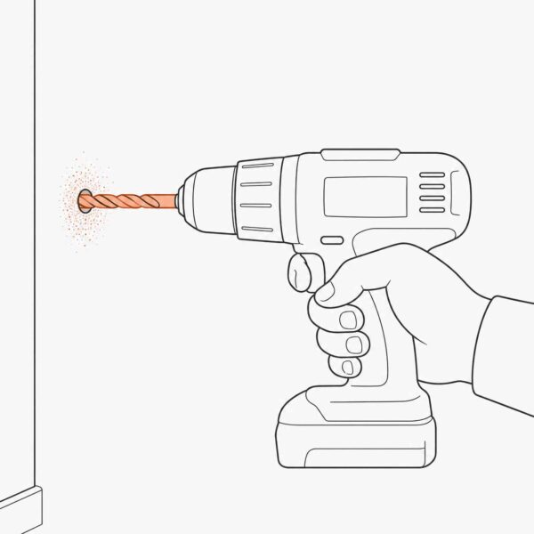 Electric drill with a larger-diameter bit making the main anchor fixing hole in a plasterboard wall, with plasterboard dust visible — use the bit size specified by your wall anchor brand