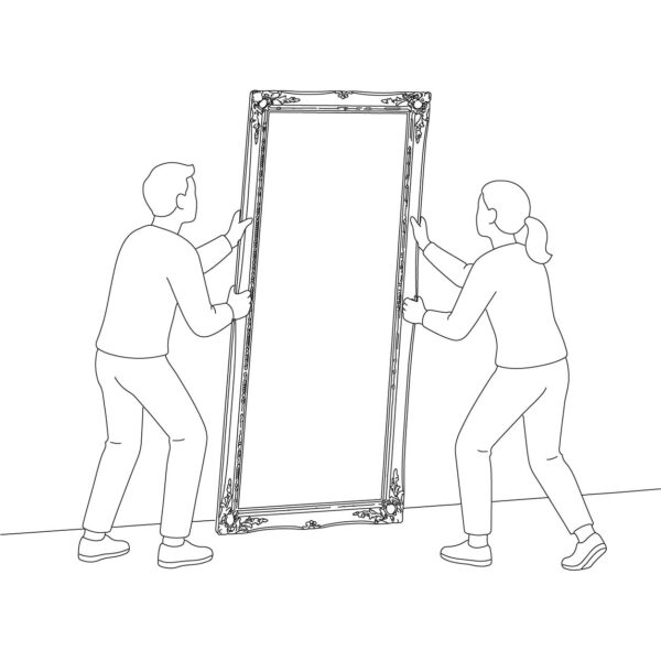 Two people working together to lift a large ornate-framed full-length mirror by the frame, ready to bring it to the wall and slot the frame plate brackets over the wall plate lips
