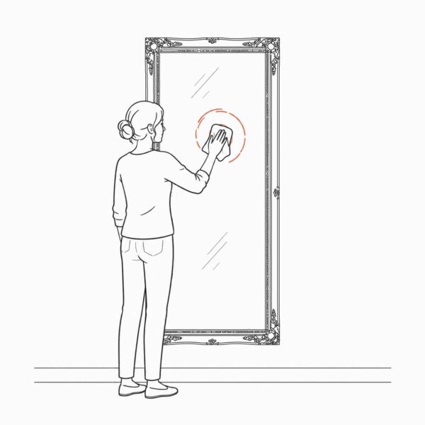 Person cleaning the glass of a hung ornate full-length mirror with a soft cloth, using gentle circular motions — the recommended aftercare method to keep the glass in perfect condition