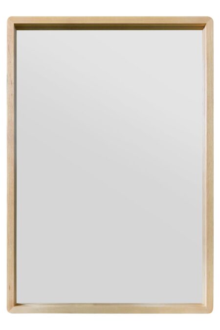Front-on view of a portrait-orientation natural wood framed wall mirror on a white background