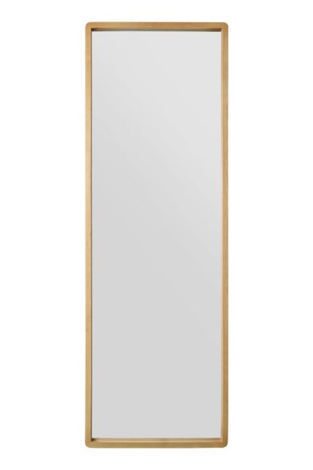 Full length rectangular mirror with a natural oak frame on a white background