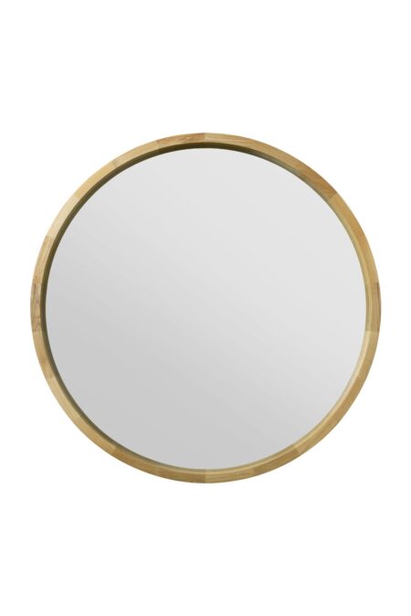Front view of a large circular oak mirror against a plain white background