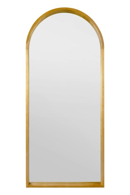 Front view of a tall arched mirror with a natural wood frame on white background