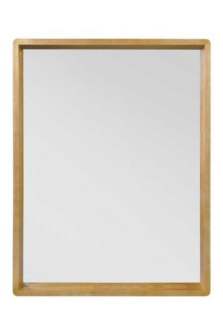Front view of a rectangular mirror with a flat natural oak timber surround