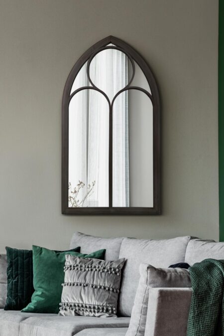 Black Arch Window Mirror with Gothic Tracery Frame – lifestyle room setting