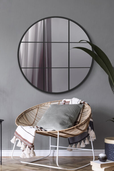 Matt Black Nine-Panel Windowpane Round Wall Mirror - 100x100cm - Exmouth View2