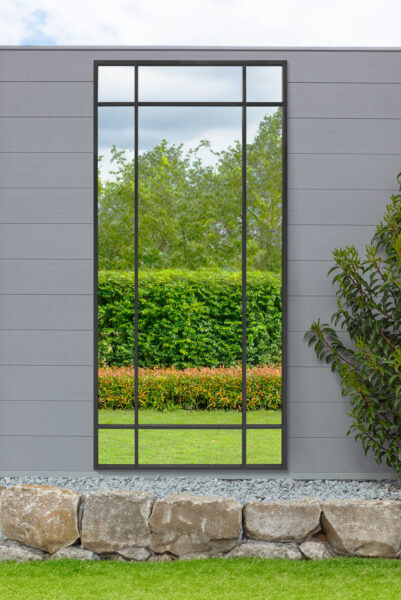 Oversized Noir Industrial Grid-Paneled Garden Mirror - 180x85cm - Lydeard View1