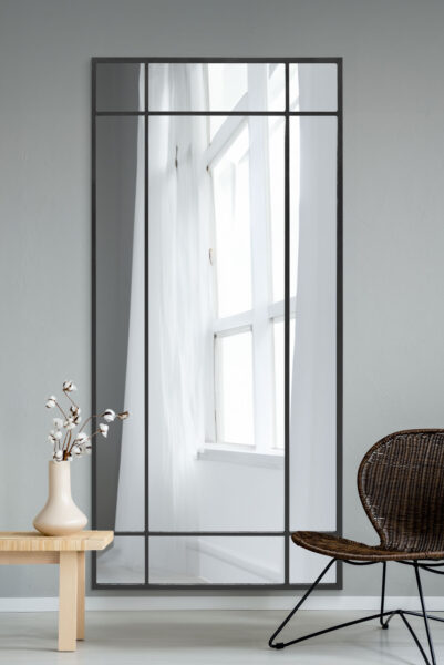 Oversized Noir Industrial Grid-Paneled Garden Mirror - 180x85cm - Lydeard View2