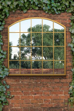 Arched Industrial Mustard Gold Windowpane Wall Mirror - 100x100cm - Barrington View1