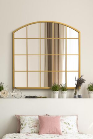 Arched Industrial Mustard Gold Windowpane Wall Mirror - 100x100cm - Barrington View2