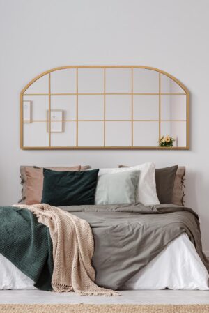 Sunlit Golden Arched Vintage Windowpane Mirror - 174x85cm - Luxborough View2