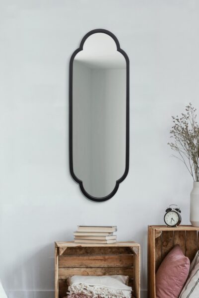 Slender Scallop-Edged Black Steel Arch Garden Wall Mirror - 102x35.5cm - Stogursey View2