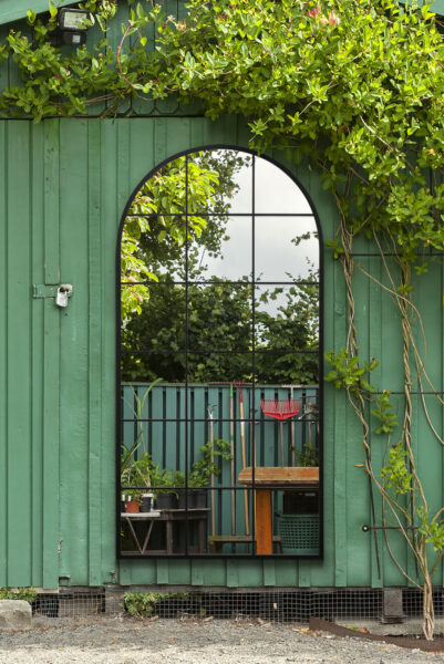 Loft-Inspired Arch-Top Windowpane Grid Metal-Framed Mirror - 180x90cm - Honiton View1