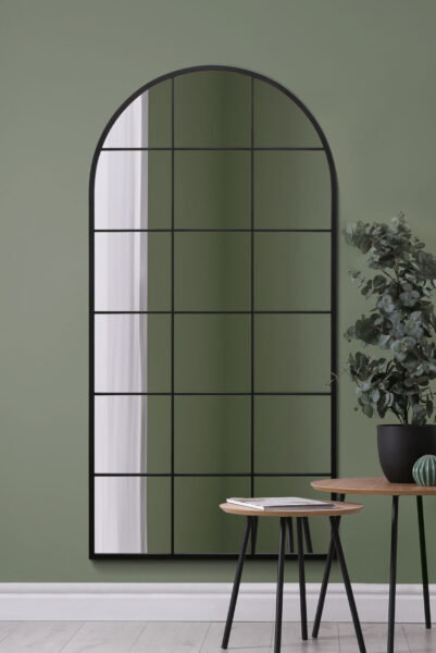 Loft-Inspired Arch-Top Windowpane Grid Metal-Framed Mirror - 180x90cm - Honiton View2