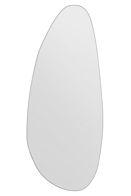 Front view of the Flowford 140x58cm frameless pebble-shaped wall mirror on white background