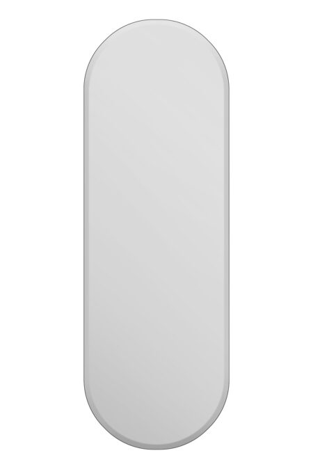 Front view of a tall oval capsule frameless bevelled wall mirror on white background