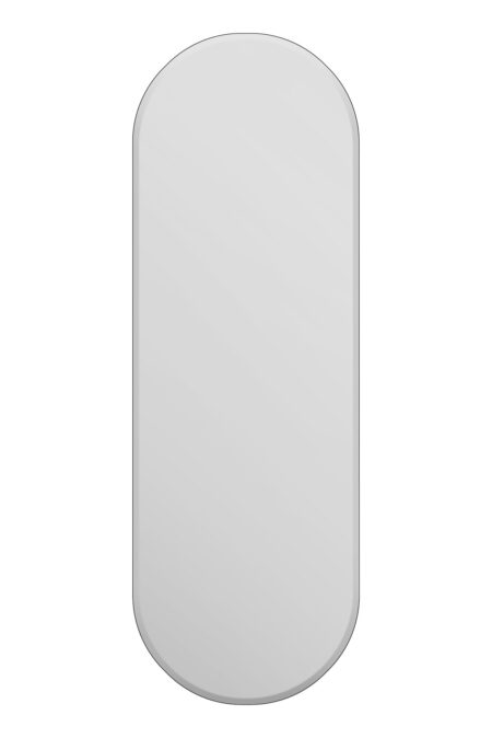 Front view of a tall capsule-shaped full length mirror on a white background