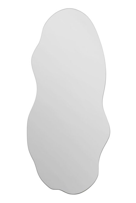 Front view of a tall organic-shaped frameless mirror against a white background