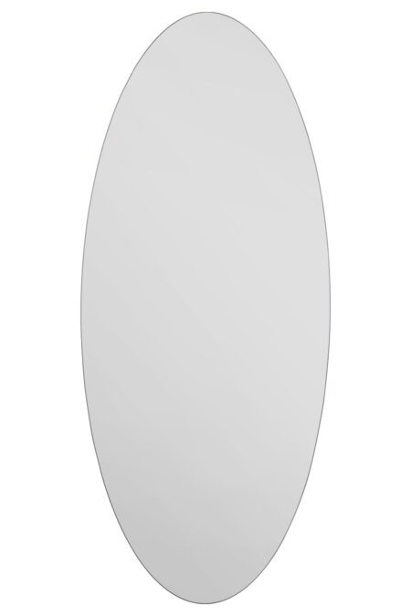 Frameless oval mirror with a polished finish shown straight on against a white background
