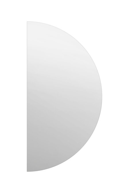 Front view of a frameless semi-circular mirror with a polished reflective surface