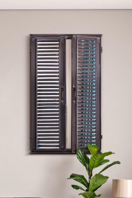 Metal Window Shutters Mirror in Distressed Black Steel – lifestyle room setting