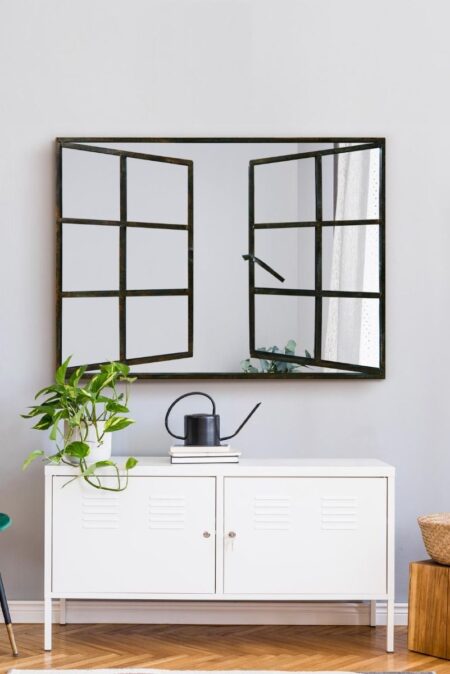 Black Metal Window Pane Mirror with Rustic Patina Frame – lifestyle room setting