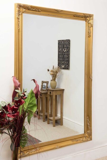 Extra large gold leaner mirror with ornate carved frame displayed in a hallway setting
