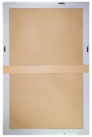 Reverse of the gold framed wall mirror showing MDF backing and hanging hardware